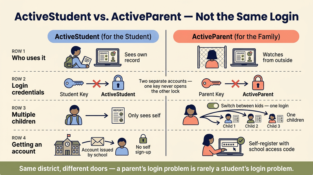 Infographic comparing ActiveStudent and ActiveParent logins, highlighting separate accounts, credentials, and access levels for students versus parents.