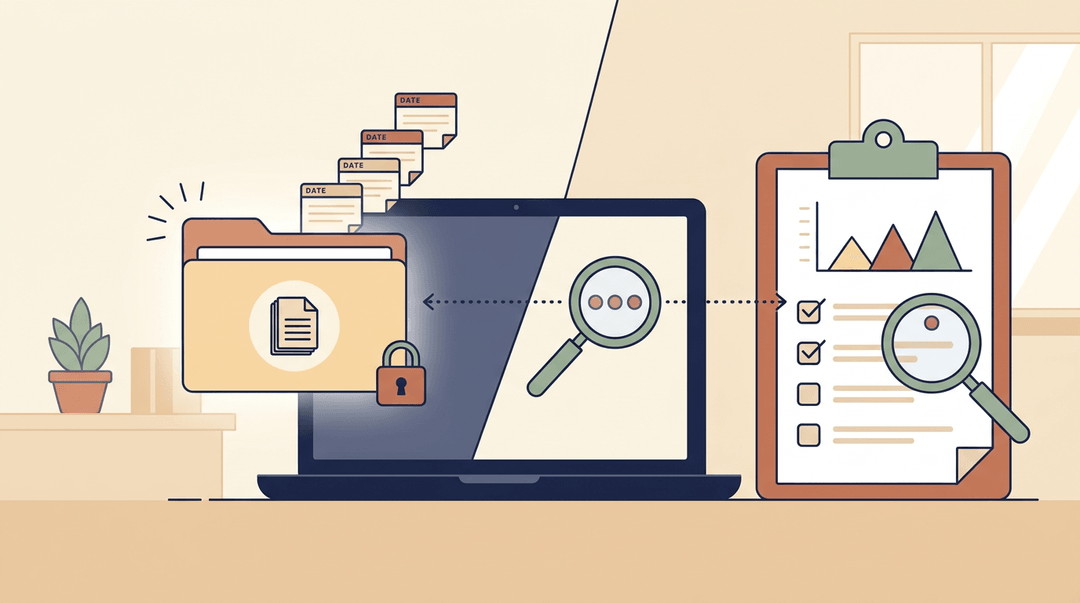 Flat illustration shows locked student records on a laptop connected to a PBIS intervention clipboard, linked by magnifying glasses.