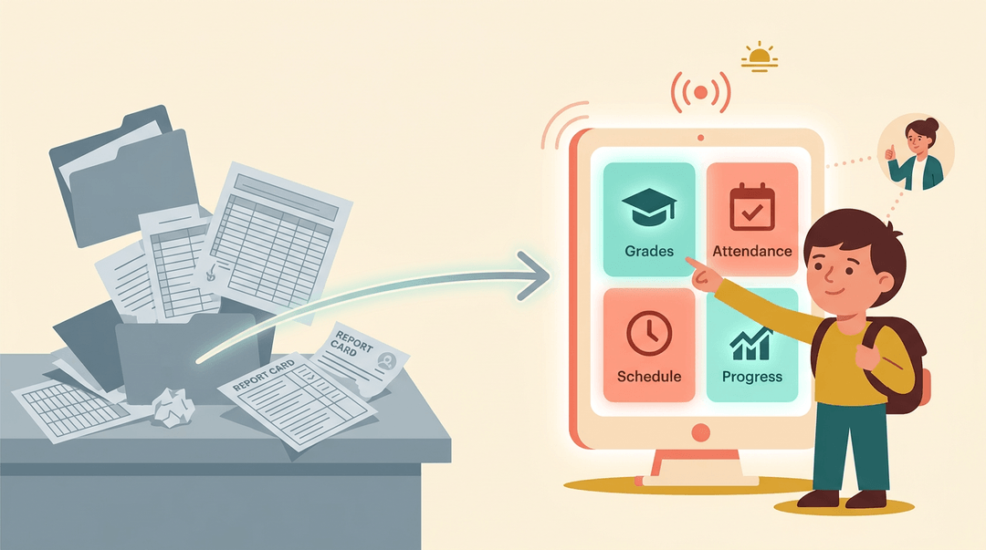 A student checks a unified digital dashboard for grades and attendance, replacing scattered paper records with real-time data.
