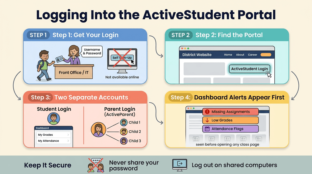 Infographic showing four steps to log into the ActiveStudent Portal, including account types and dashboard alerts.