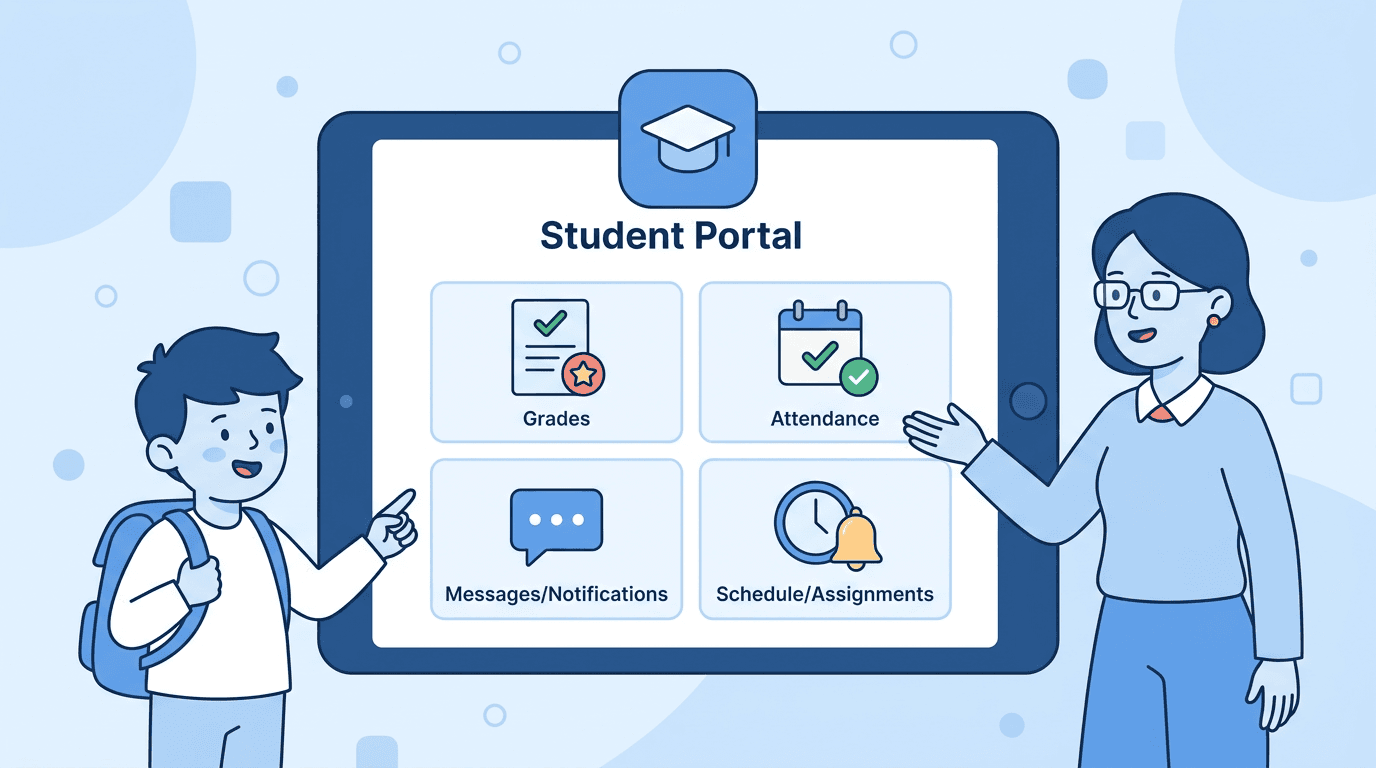 A student and teacher interact with a digital portal dashboard displaying grades, attendance, messages, and schedules.