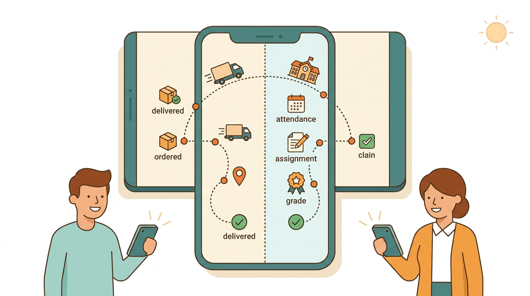 Smartphone displays parallel delivery and student progress trackers, connecting parents and teachers via real-time updates.