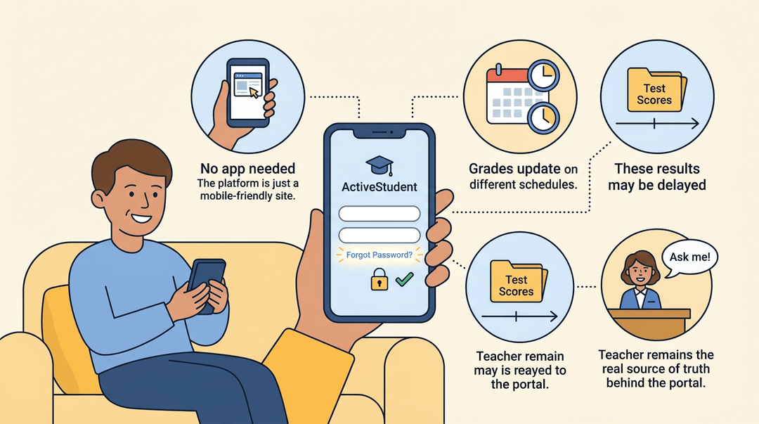 A parent uses the ActiveStudent portal on a phone, with icons showing mobile access, varying grade schedules, delayed scores, and teacher support.