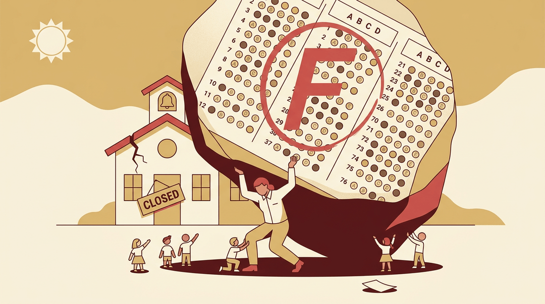 A teacher struggles under a boulder shaped like a failing test sheet while students try to help, symbolizing high-stakes testing pressure.