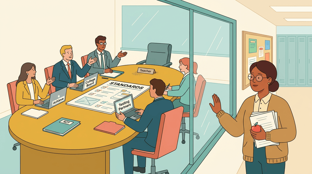 A teacher looks through a glass wall at a meeting where her chair sits empty, symbolizing exclusion from policy decisions.