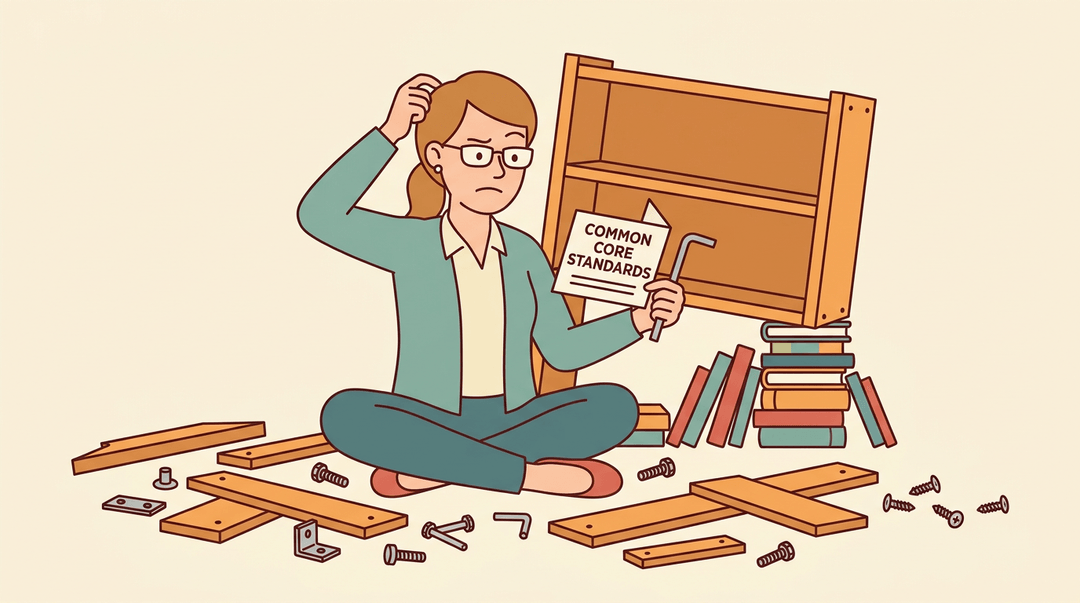 Frustrated teacher sits with mismatched furniture parts and a Common Core manual, struggling to assemble the standards.