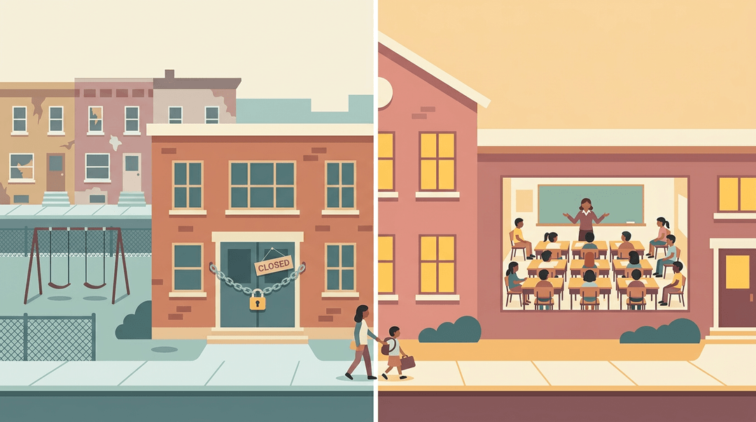A split illustration contrasts a closed, empty school with an overcrowded classroom nearby, showing displaced students moving between them.
