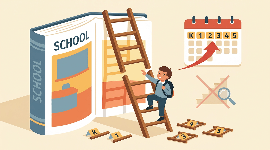 A child on a broken ladder reaches for a missing rung while grade tags lie scattered, symbolizing an untested curriculum gap.