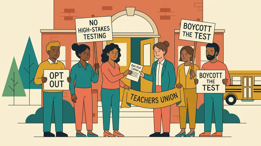 Diverse teachers and parents stand together outside a school holding signs, as a parent hands an opt-out letter to the principal.