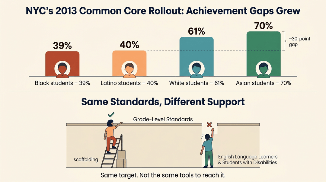 Infographic showing achievement gaps and unequal support for ELLs in NYC's 2013 Common Core rollout.