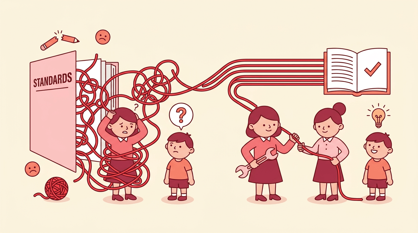 A teacher untangles tangled threads from a 'STANDARDS' book, turning chaos into clarity for a smiling student.