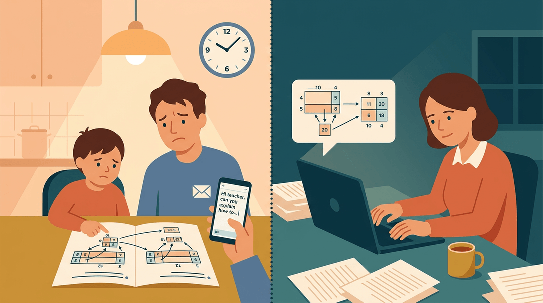 A frazzled parent and confused child struggle with an area model math problem while a tired teacher replies to their email late at night.