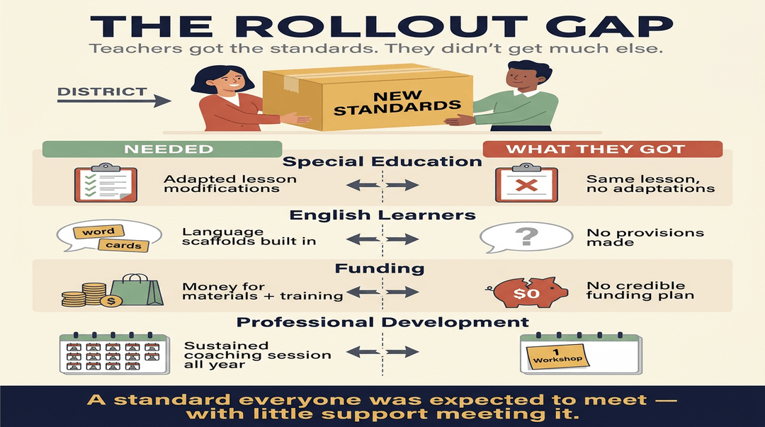 Infographic illustrating the rollout gap where teachers receive standards without necessary support for special education, English learners, funding, or training.