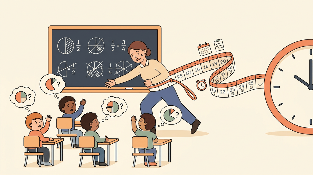 A teacher is pulled away by a pacing guide toward a clock, leaving students confused at fraction lessons.