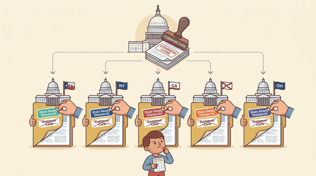 A teacher watches as a top-down policy is rebranded with new labels while the underlying content remains unchanged.