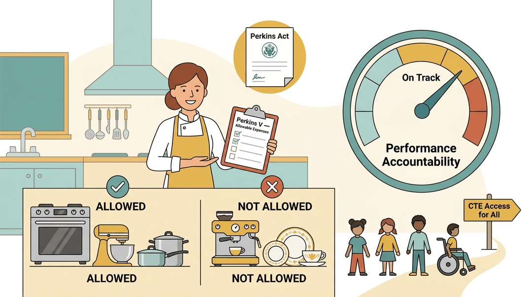 Teacher checks allowed vs. prohibited CTE kitchen equipment expenses under Perkins V guidelines, emphasizing accountability and access.