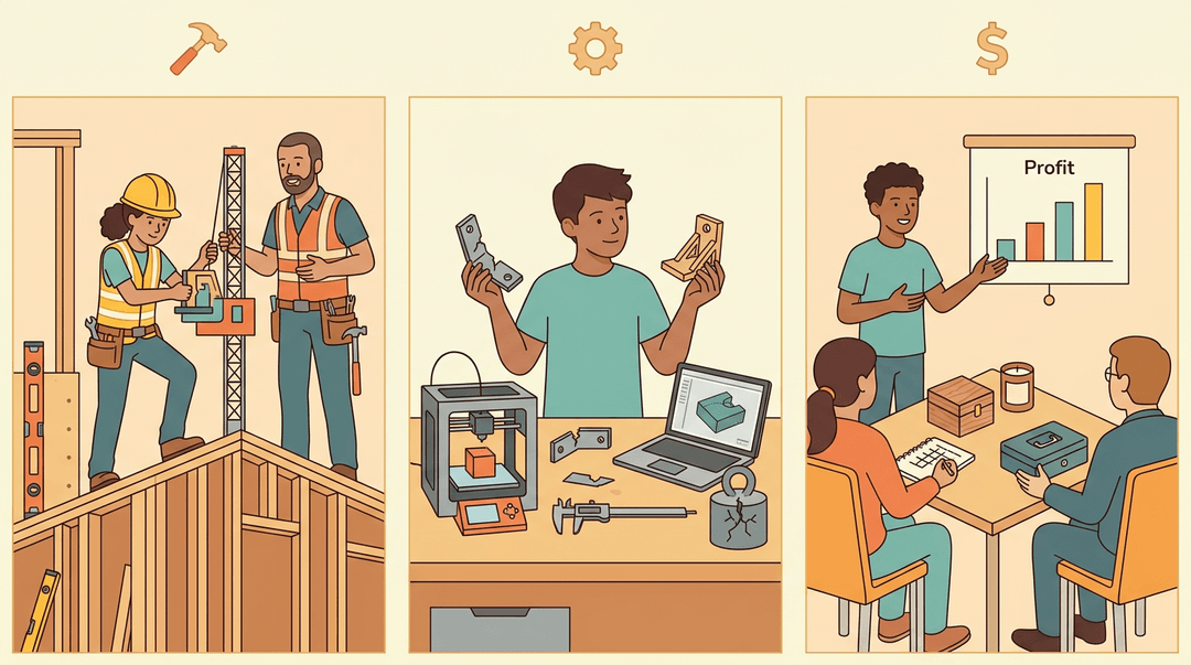 Triptych showing students in construction, 3D printing, and business pitching scenes.
