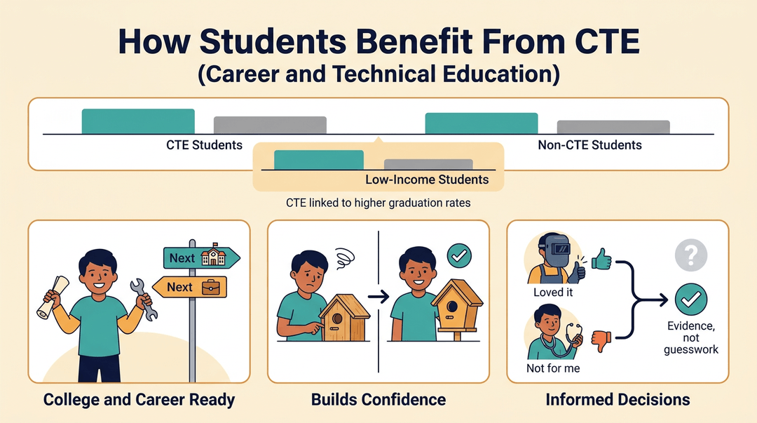 Infographic showing CTE boosts graduation rates, builds confidence through hands-on success, and aids informed career decisions.