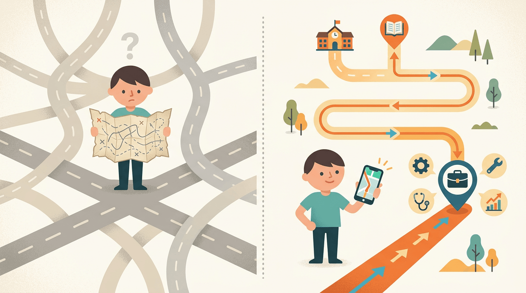 Student contrasts a confusing paper map with a clear digital navigation route to a career destination.