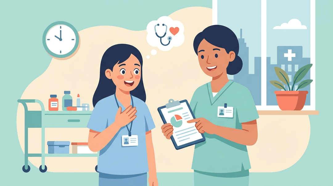 Teenage girl in scrubs has an 'aha' moment about healthcare career while nurse shows her a chart.