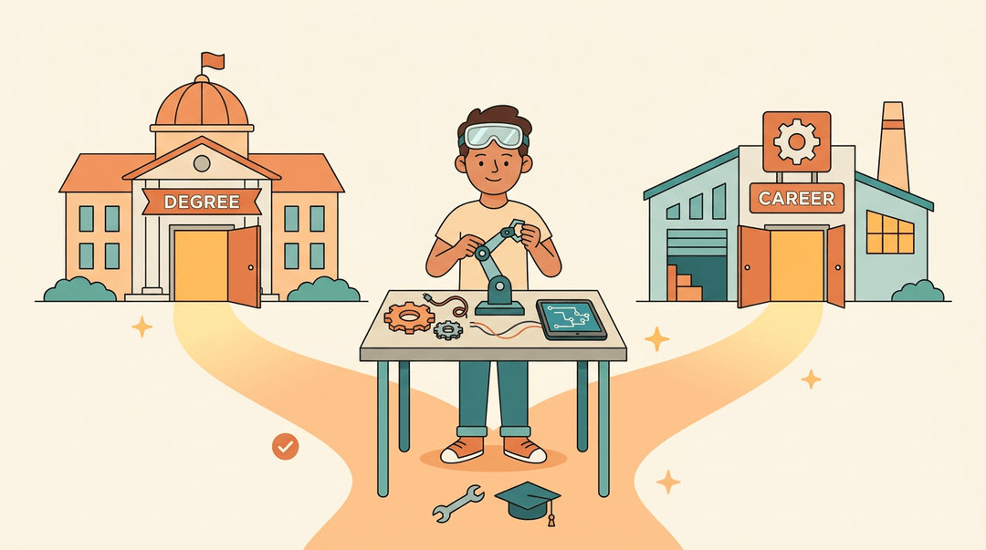 Teen student assembles a robot while paths to college and career diverge, symbolizing equal valid options.
