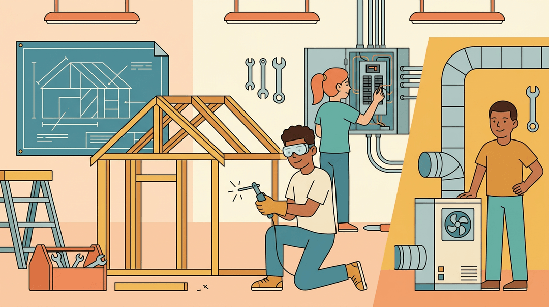 Students progress from blueprints to building HVAC units in a hands-on workshop with tools and safety gear.