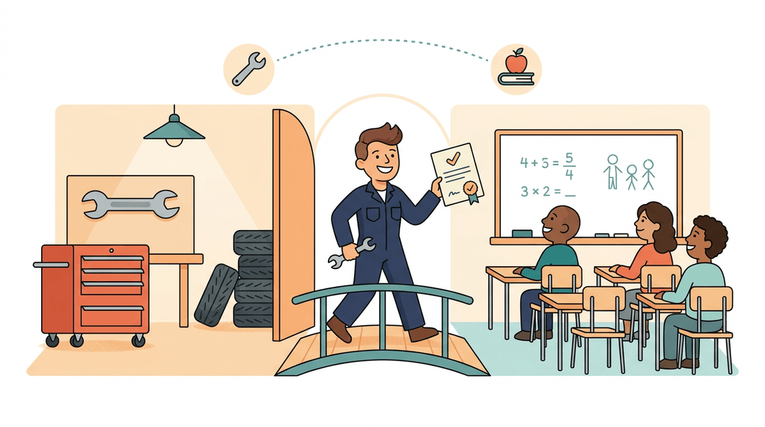 A mechanic walks across a bridge to a classroom, holding a wrench and a diploma.