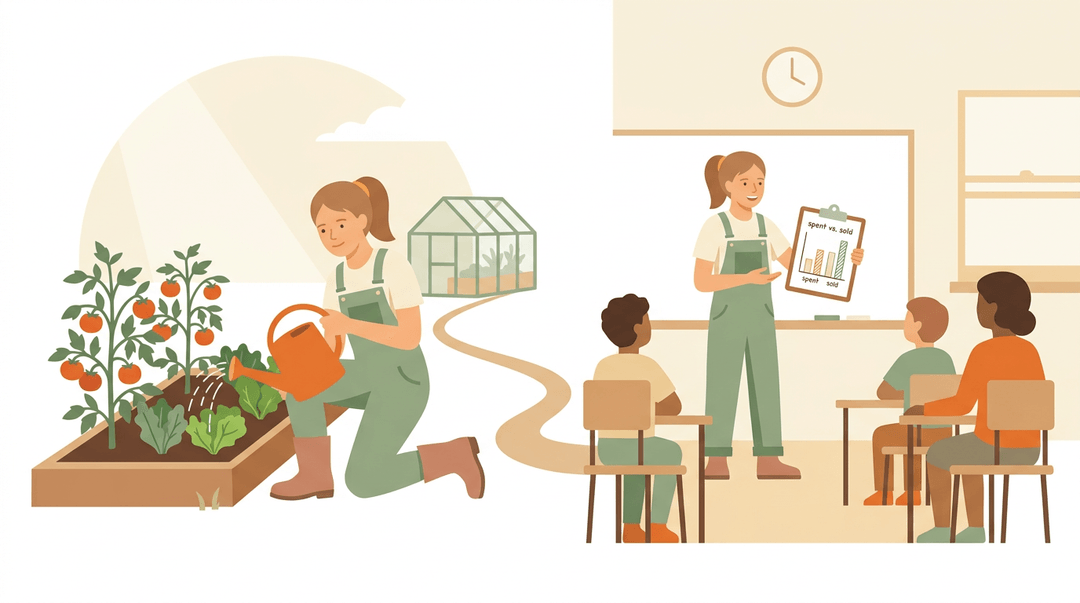 A split image shows a teen gardening on the left and presenting data in class on the right, linked by a path.