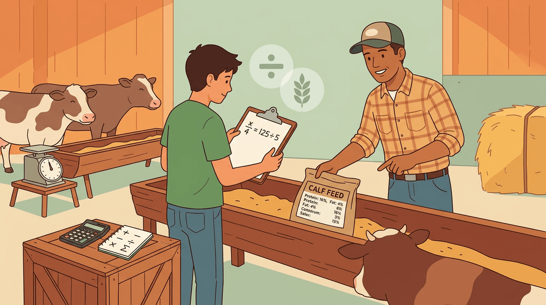 Student and teacher use math with farm equipment, blending algebra and agriculture in a warm barn setting.
