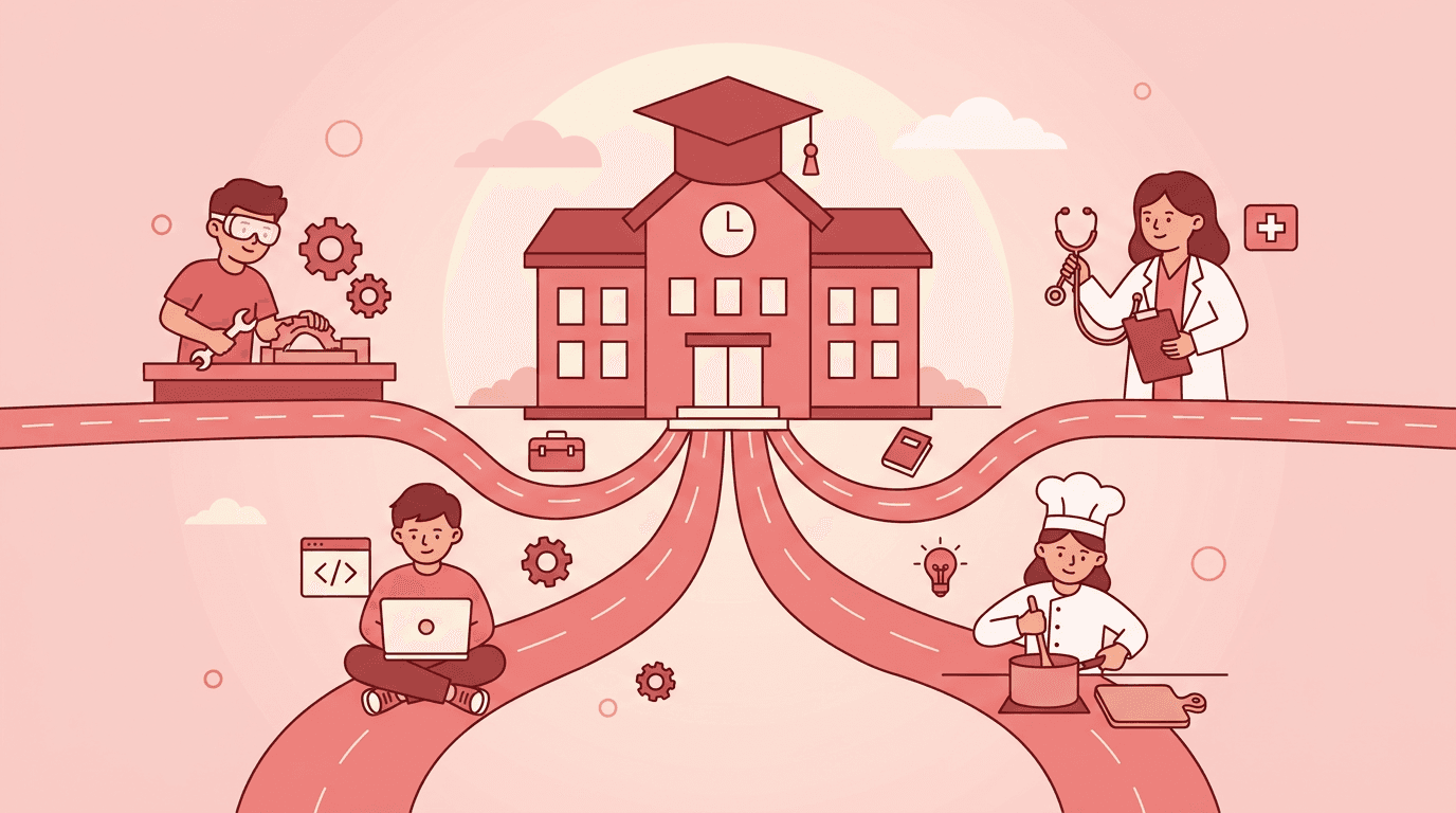 A school building with a graduation cap branches into paths for mechanic, healthcare, tech, and culinary careers.