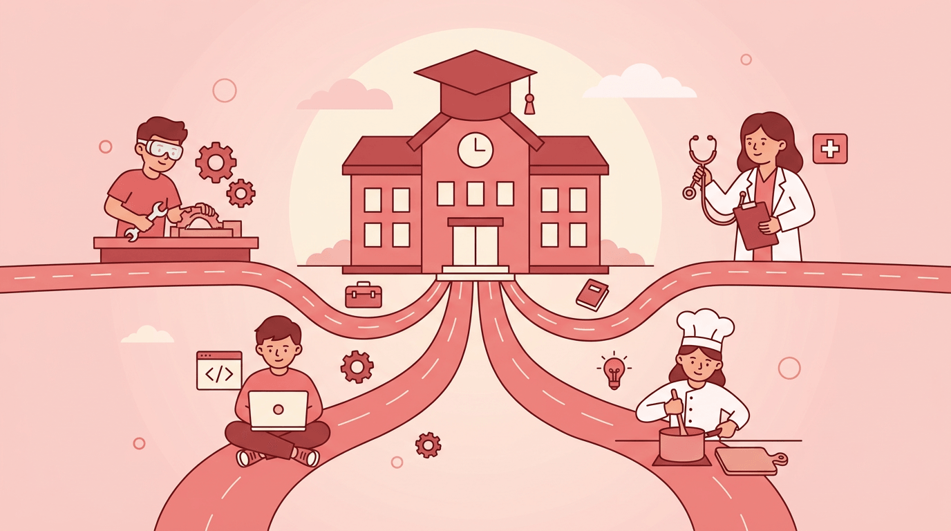 A school building with a graduation cap branches into paths for mechanic, healthcare, tech, and culinary careers.