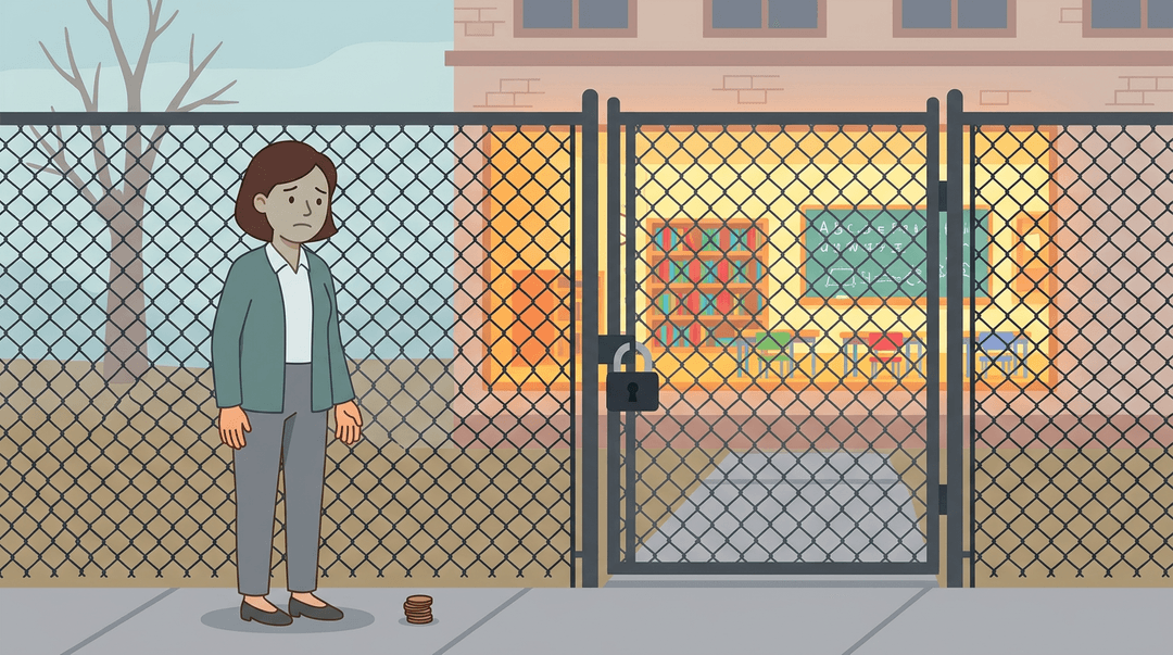 A teacher stands outside a locked chain-link fence, looking at a glowing classroom she can't access, with a few coins at her feet.