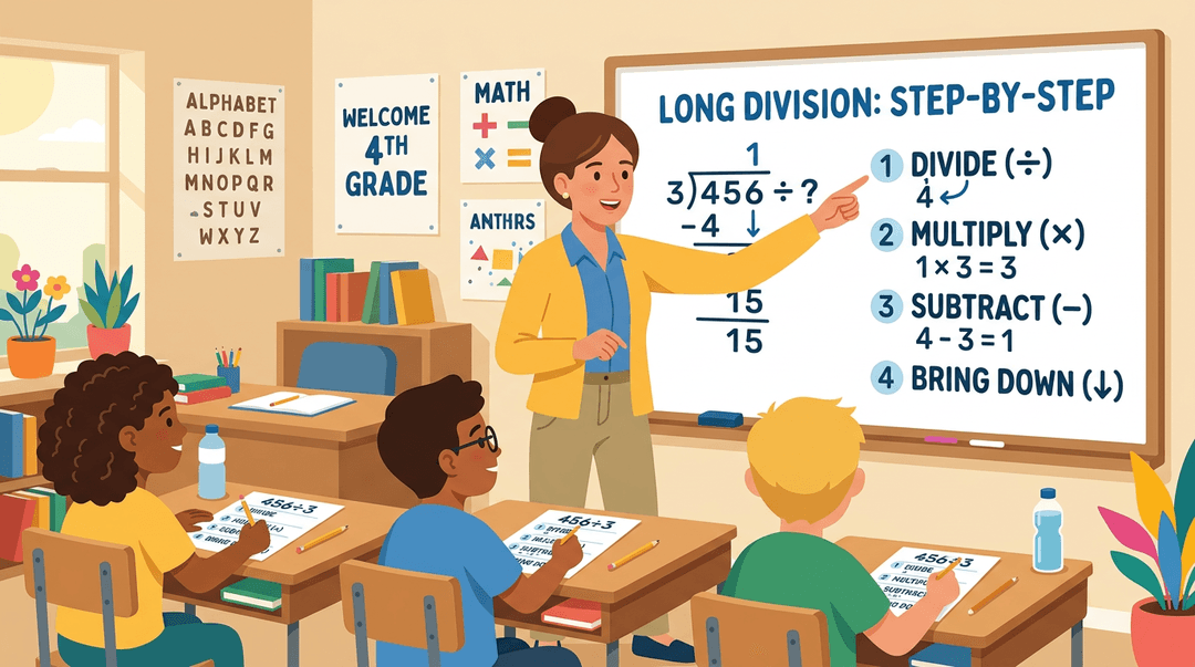 A teacher points to a step-by-step long division problem on a whiteboard for three attentive students with matching worksheets.
