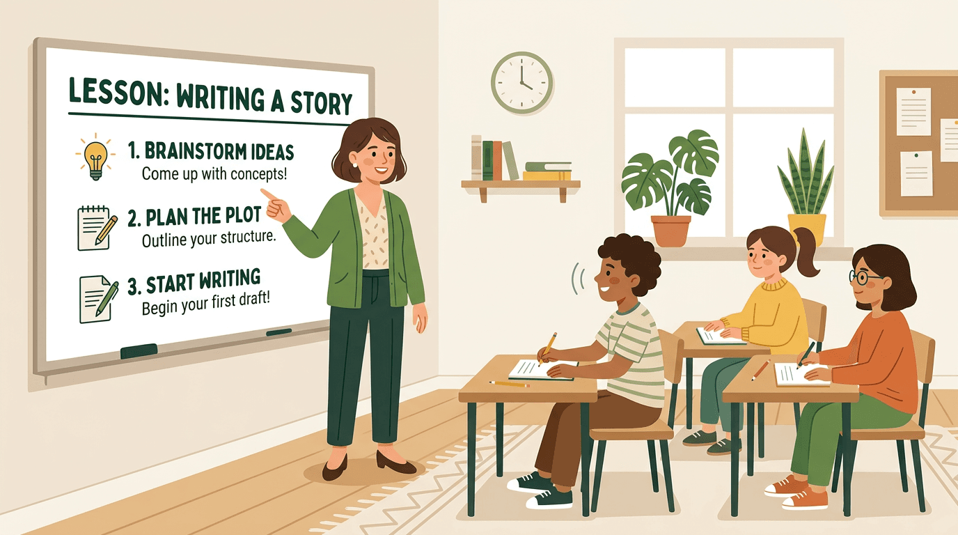 A teacher points at a step-by-step list on a whiteboard while three students watch attentively.