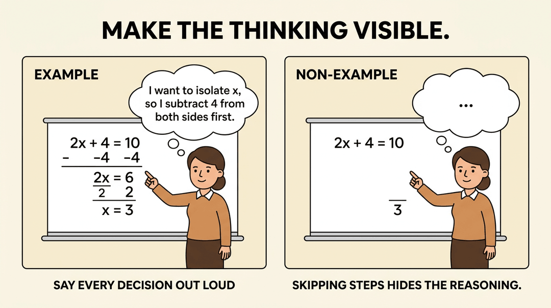 Two side-by-side panels show a teacher solving