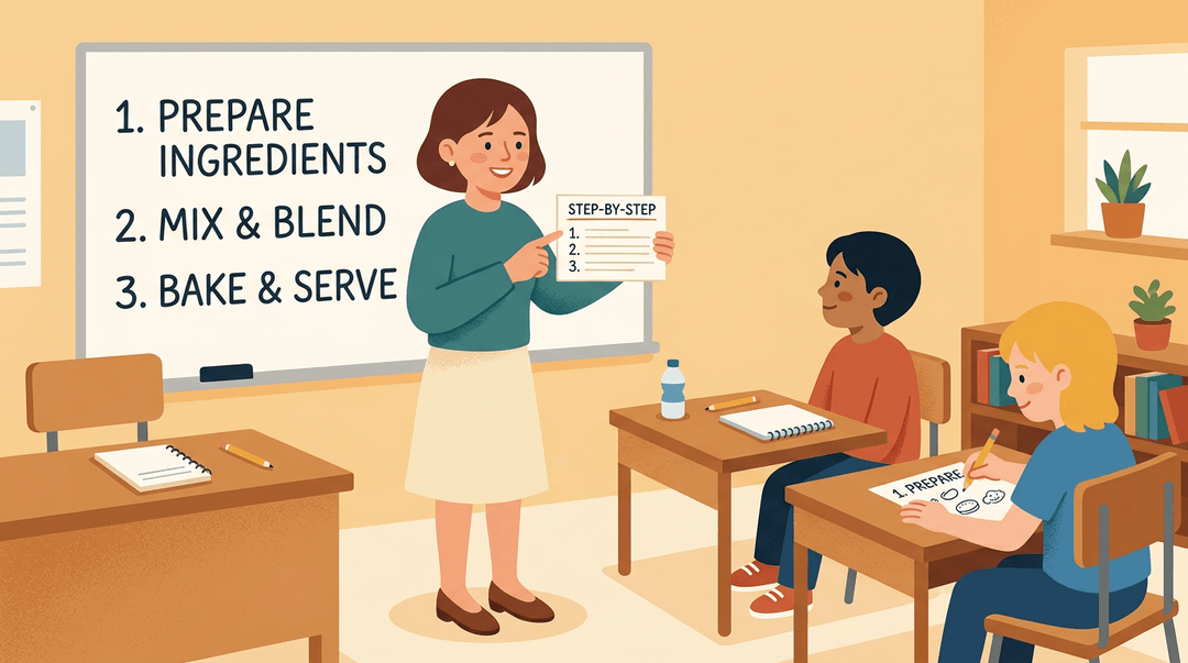 A teacher shows two students a recipe card and points to step one; numbered steps are on a whiteboard behind her.