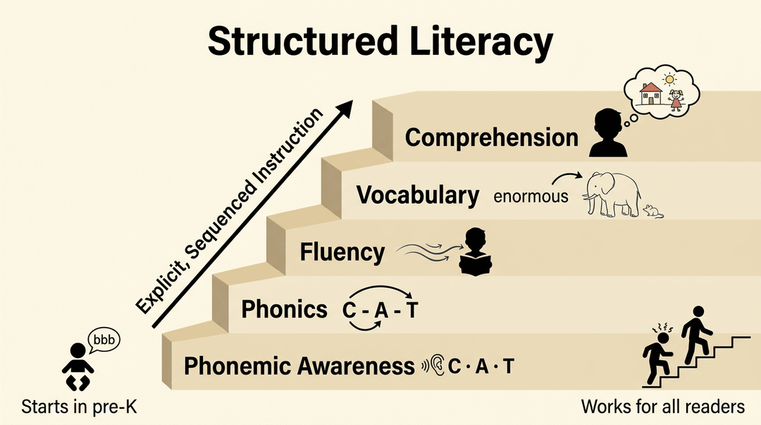 A 5-step staircase depicts 'Structured Literacy', with each step showing a concept: Phonemic Awareness, Phonics, Fluency, Vocabulary, and Comprehension, emphasizing explicit, sequenced instruction for all readers from pre-K.