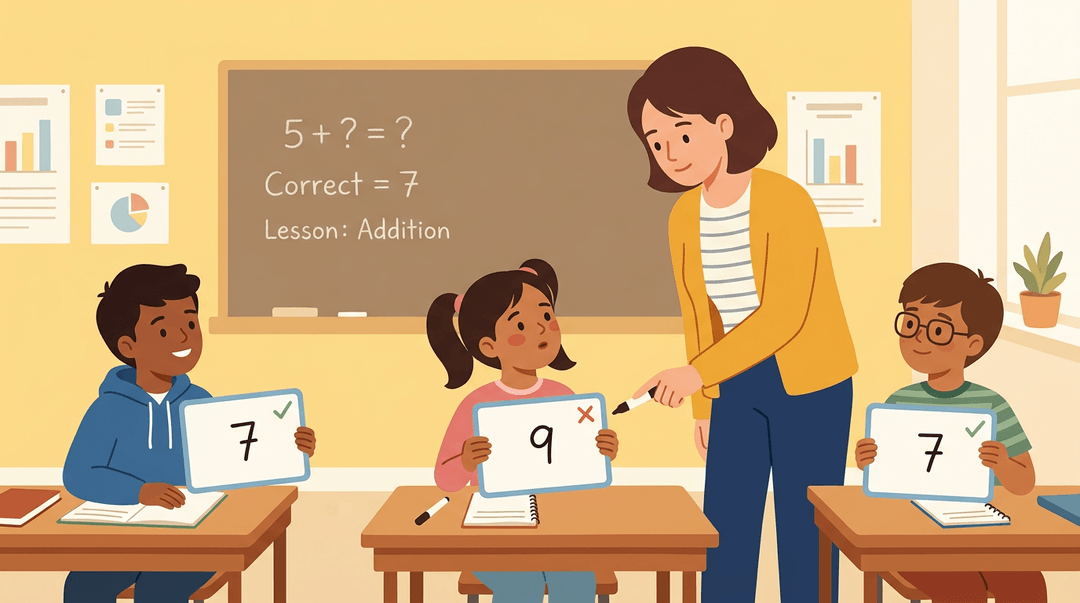 A teacher leans toward students holding whiteboards, gently pointing to one with an incorrect answer during an in-the-moment check.