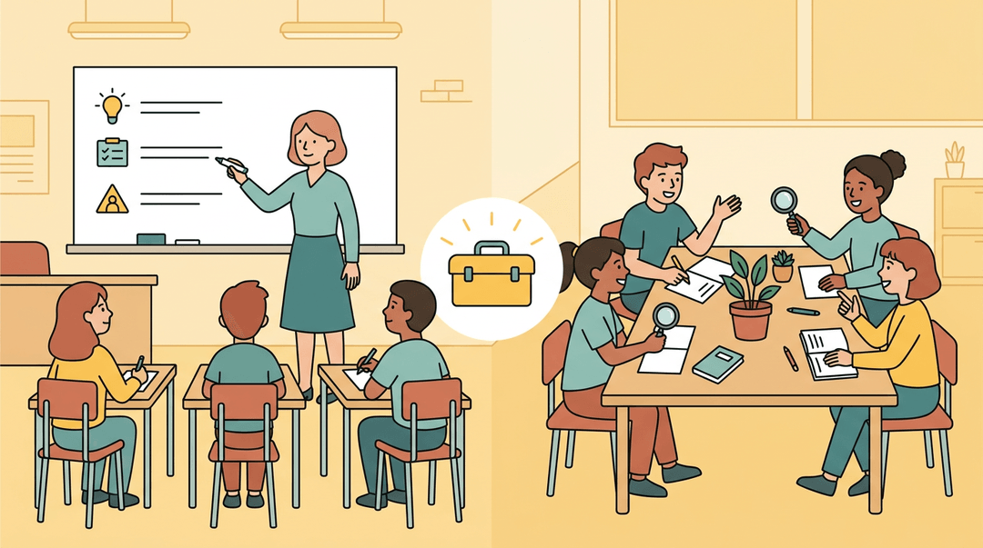 A classroom divided into two scenes by a toolbox icon, showing direct instruction on the left and inquiry-based learning on the right.