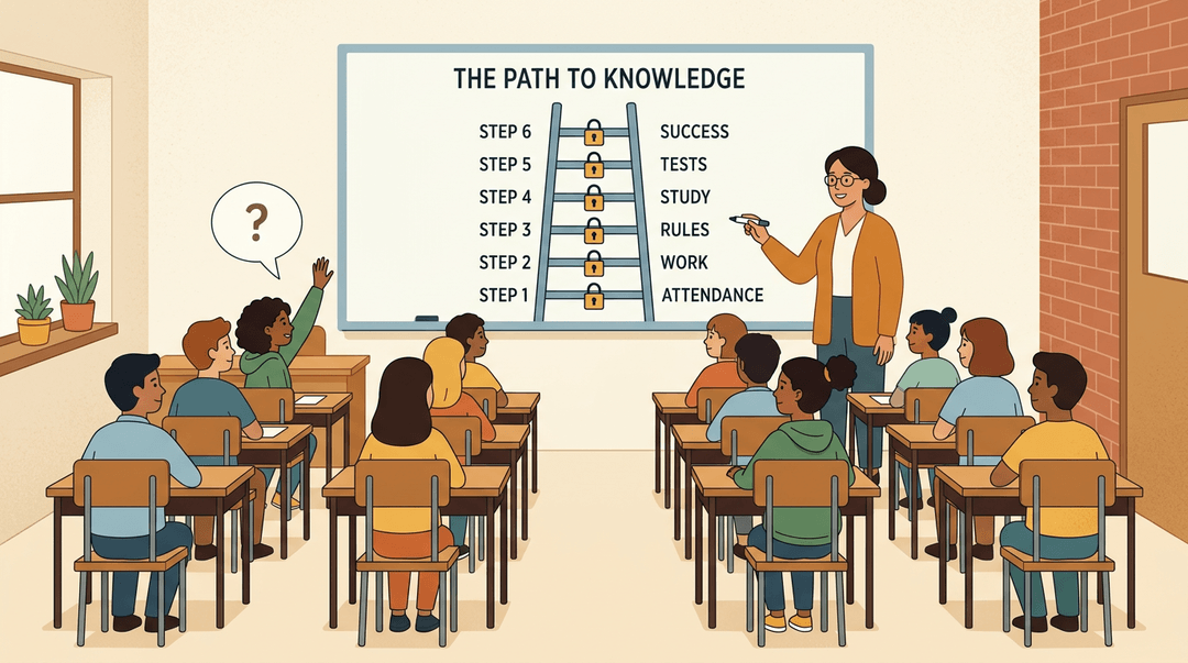 A teacher stands beside a six-step ladder diagram on a whiteboard with locked rungs; students sit, one raising a hand with a question mark.