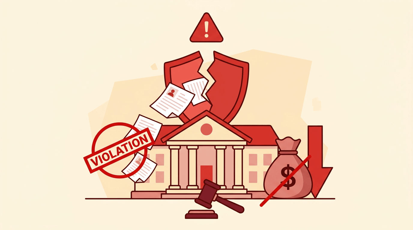 A school building is surrounded by symbols of broken privacy, lost funding, and legal consequences, warning of non-compliance.