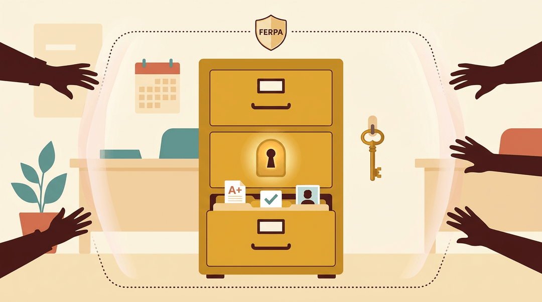 A yellow filing cabinet with a glowing lock is protected by a barrier, keeping student records safe from reaching hands.