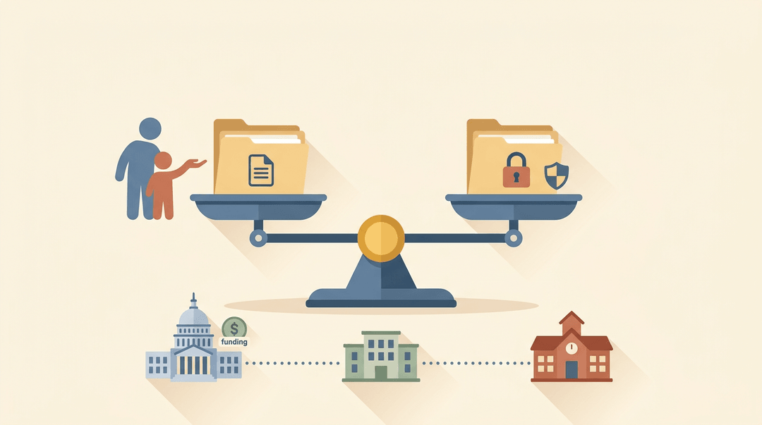 A balanced scale shows folders with access and padlocks, illustrating FERPA's balance between student privacy and parental rights.