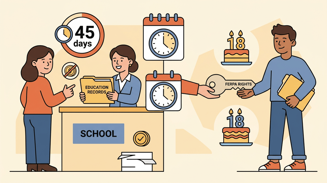 Parent and student exchange FERPA rights at age 18, with a school admin providing education records within 45 days.