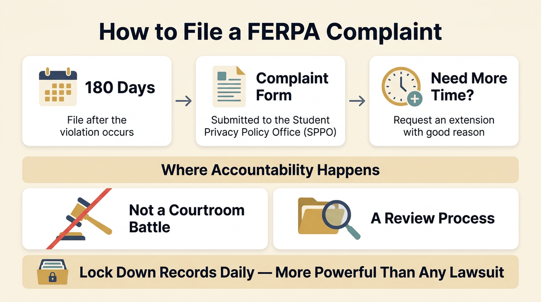 Infographic showing FERPA complaint steps, clarifying it is a review process not a courtroom battle, and advising daily record protection.