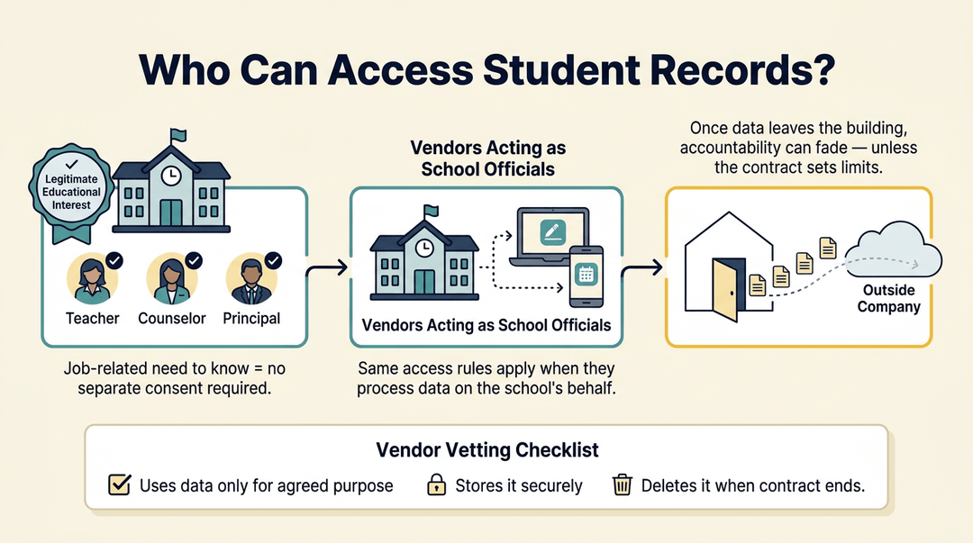 Flowchart showing FERPA access rules for school staff, vendors, and outside companies with a vendor vetting checklist.