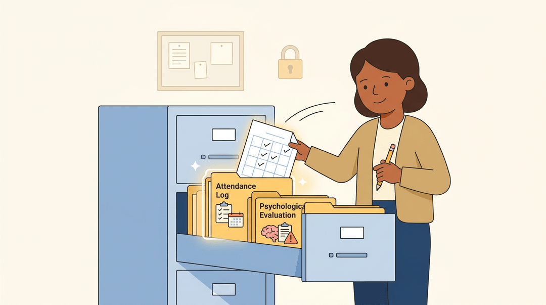 A teacher files attendance into a labeled cabinet drawer, with icons symbolizing secure recordkeeping.