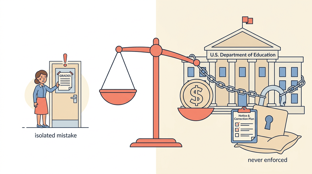 A balance scale tips toward a small teacher mistake over a heavy, unlatched Department of Education funding padlock.