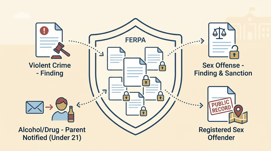 Shield labeled FERPA with sealed docs, while four specific records like violent crime and sex offenses break through the boundary to show disclosure exceptions.
