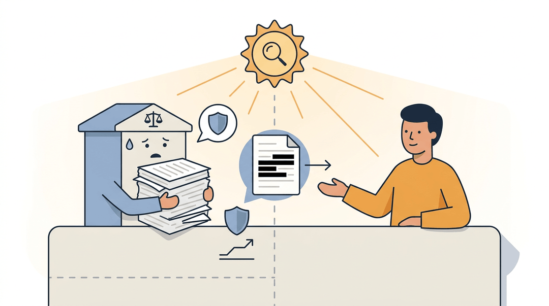 A government building hesitates to release redacted documents to a citizen, while a sun with a magnifying glass symbolizes transparency over privacy.